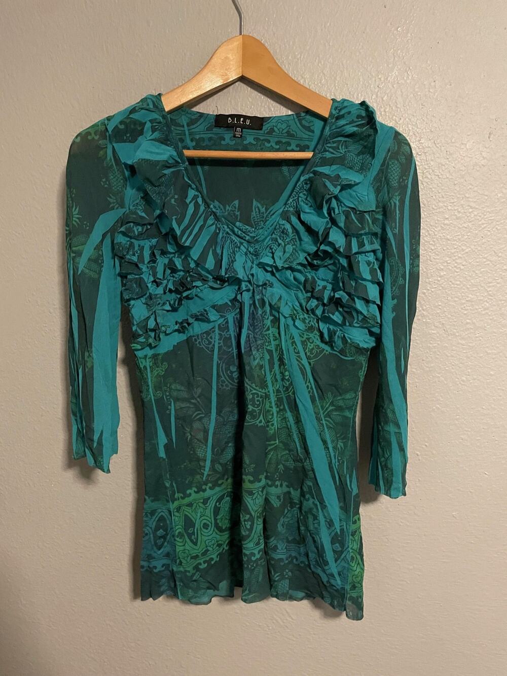 BLEU Top Womens Medium Green Sheer Mesh Ruffle 3/4 Sleeve Mermaid Fairy Y2K